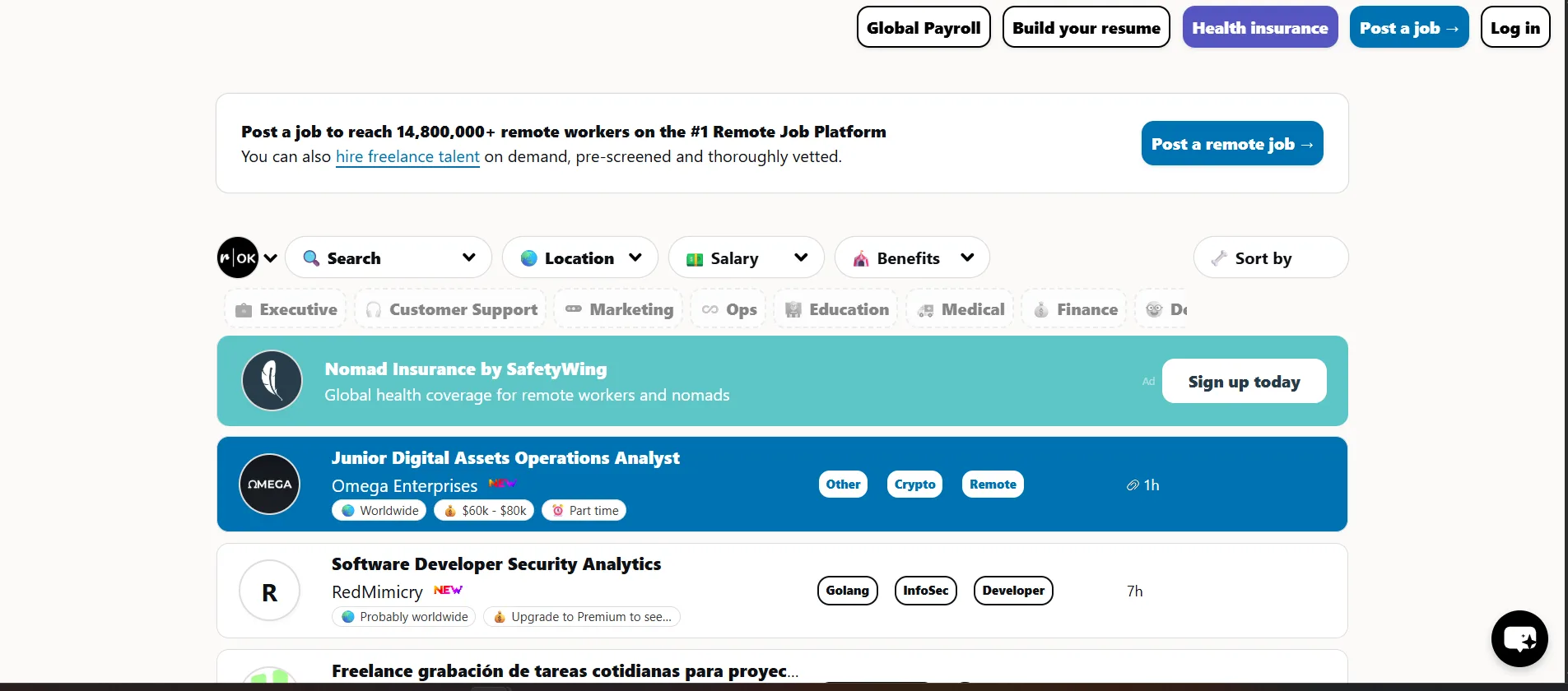 Remote OK job listings for tech, startup and digital remote roles