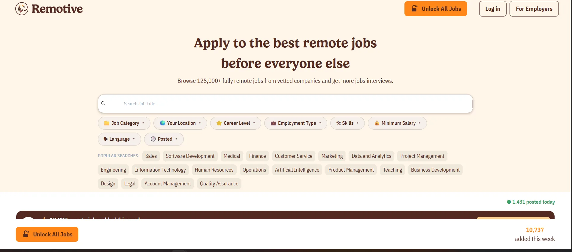 Remotive homepage showing remote tech, marketing and digital job categories