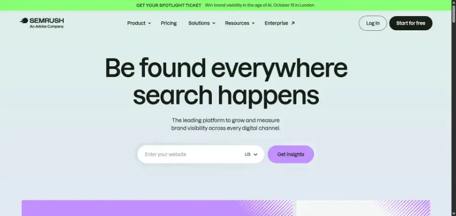 Semrush homepage showing its SEO and brand visibility platform