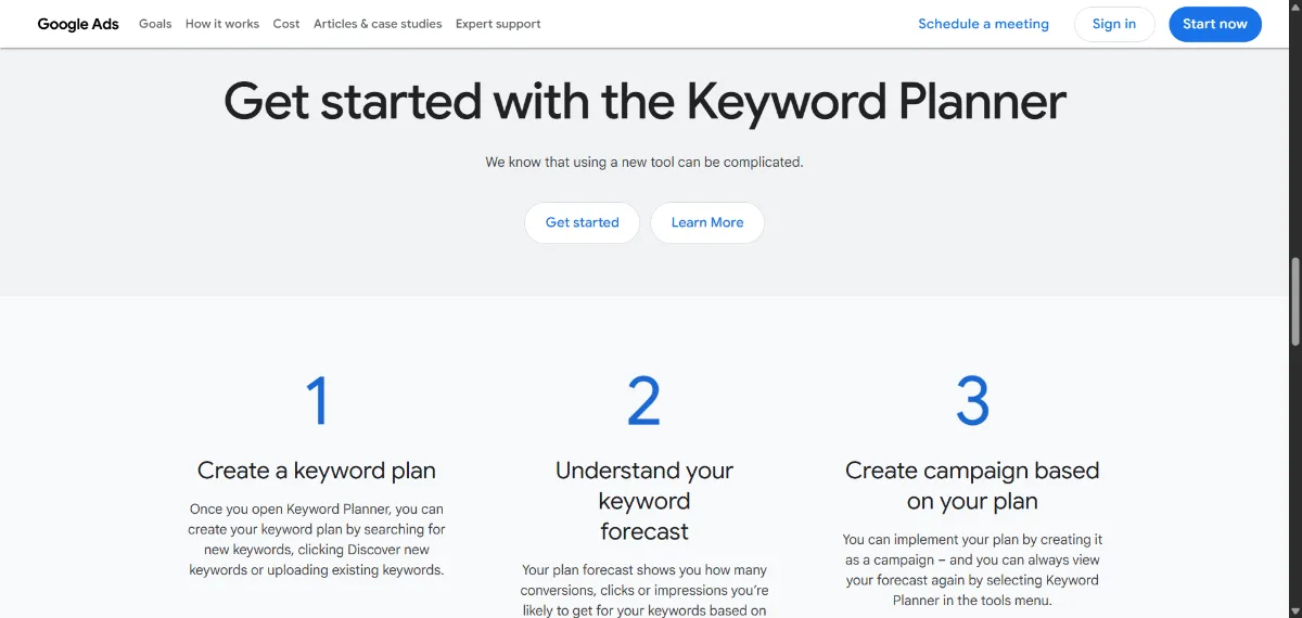 Google Keyword Planner official website homepage screenshot 2026