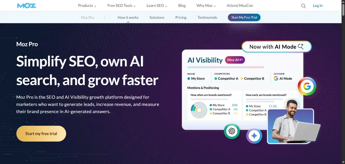 Moz Pro official website homepage screenshot 2026