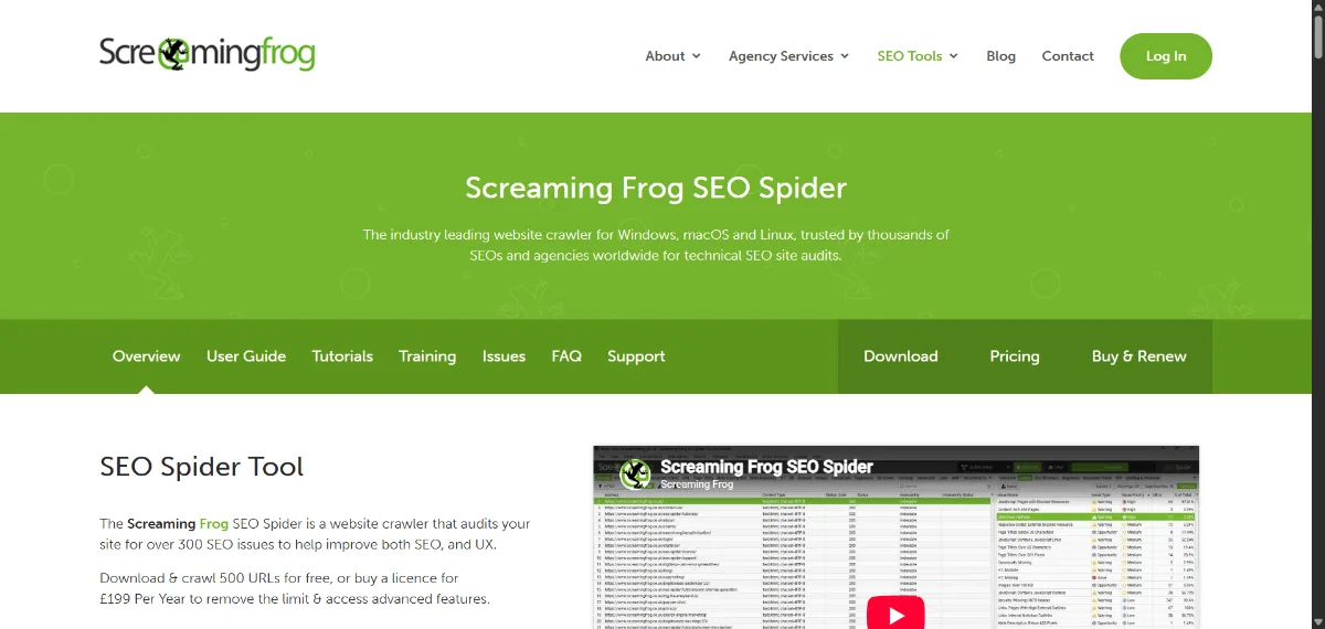 Screaming Frog SEO Spider official website homepage screenshot 2026