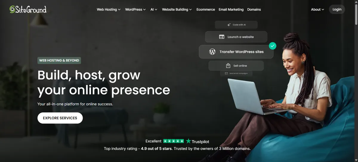 SiteGround homepage showing its web hosting and WordPress platform