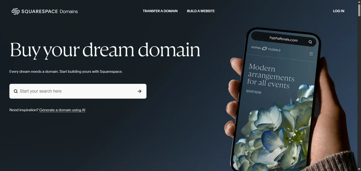 Squarespace Domains homepage for buying a domain name