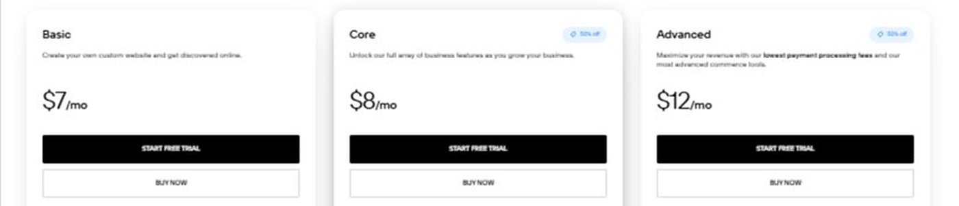 Squarespace pricing page showing Basic, Core and Advanced plans in USD