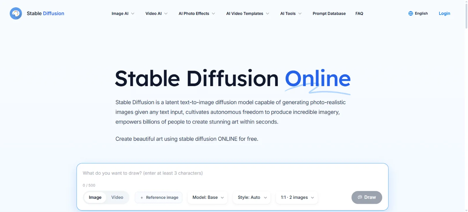 Stable Diffusion Online homepage screenshot