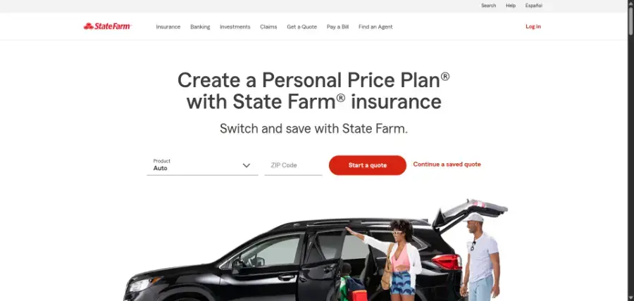 State Farm homepage with its Personal Price Plan auto quote tool, our pick for local agent access