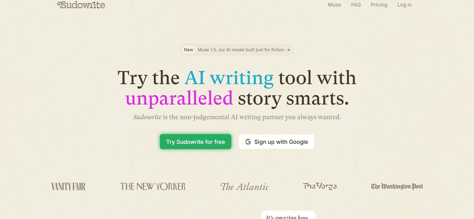 Sudowrite homepage showing its AI writing tool built for fiction writers