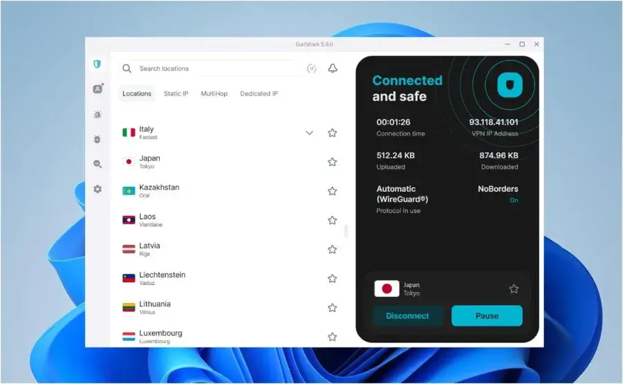 Surfshark VPN desktop app connected to a Japan server showing WireGuard protocol and NoBorders mode
