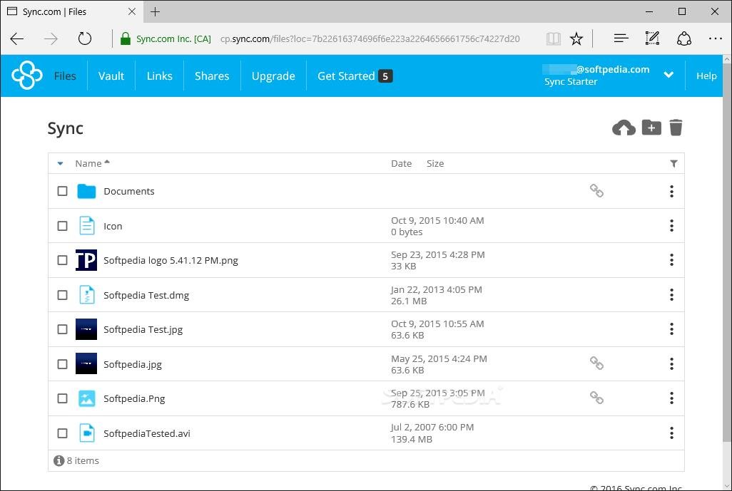 Sync.com web interface showing Files, Vault, Links and Shares tabs with a file list