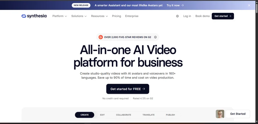 Synthesia all-in-one AI video platform homepage for business training videos