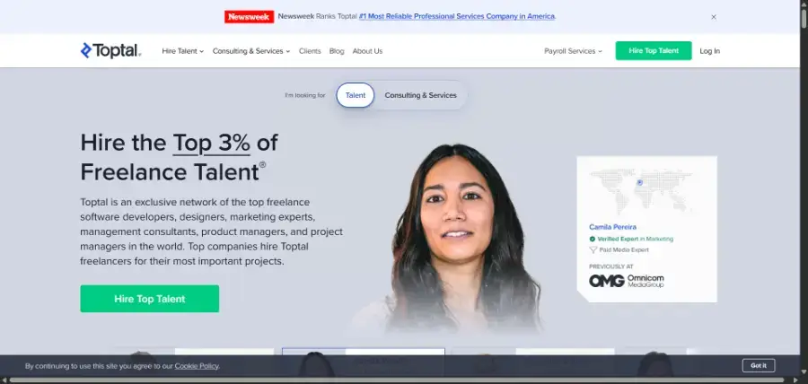 Toptal homepage describing its top 3 percent freelance talent network, our pick for experienced professionals