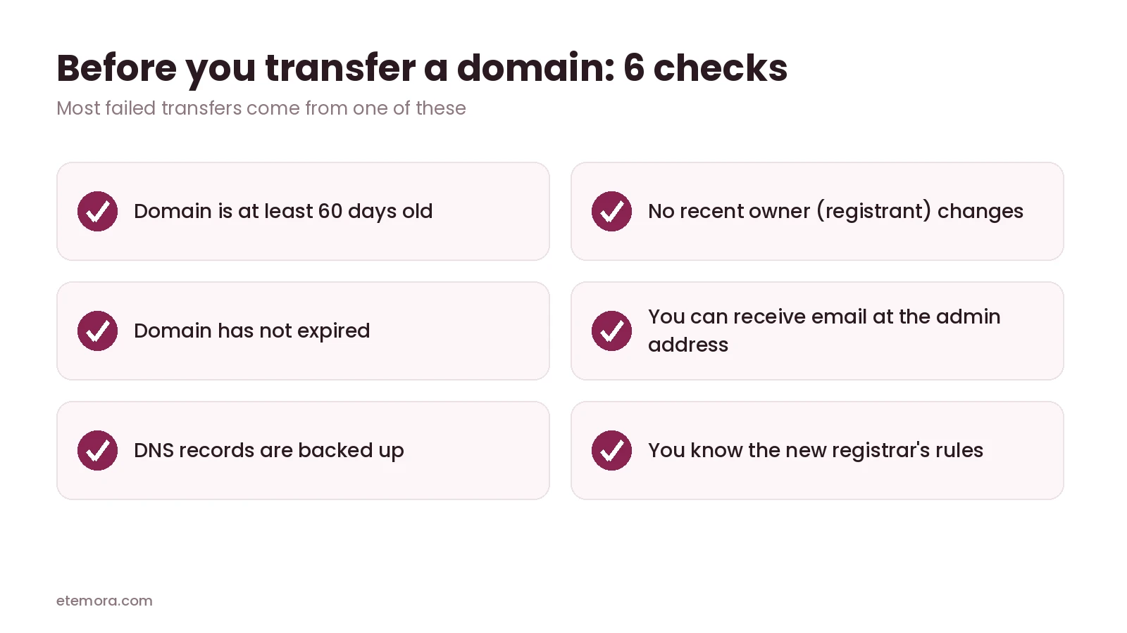 Checklist of six things to check before you transfer a domain