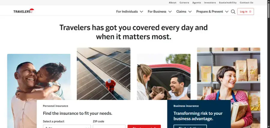 Travelers homepage with personal and business insurance quote options, our affordability pick among the best auto insurance companies
