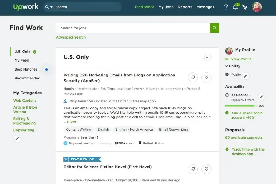 Upwork Find Work feed showing hourly and fixed-price freelance job listings, our best overall pick among the best freelancing platforms