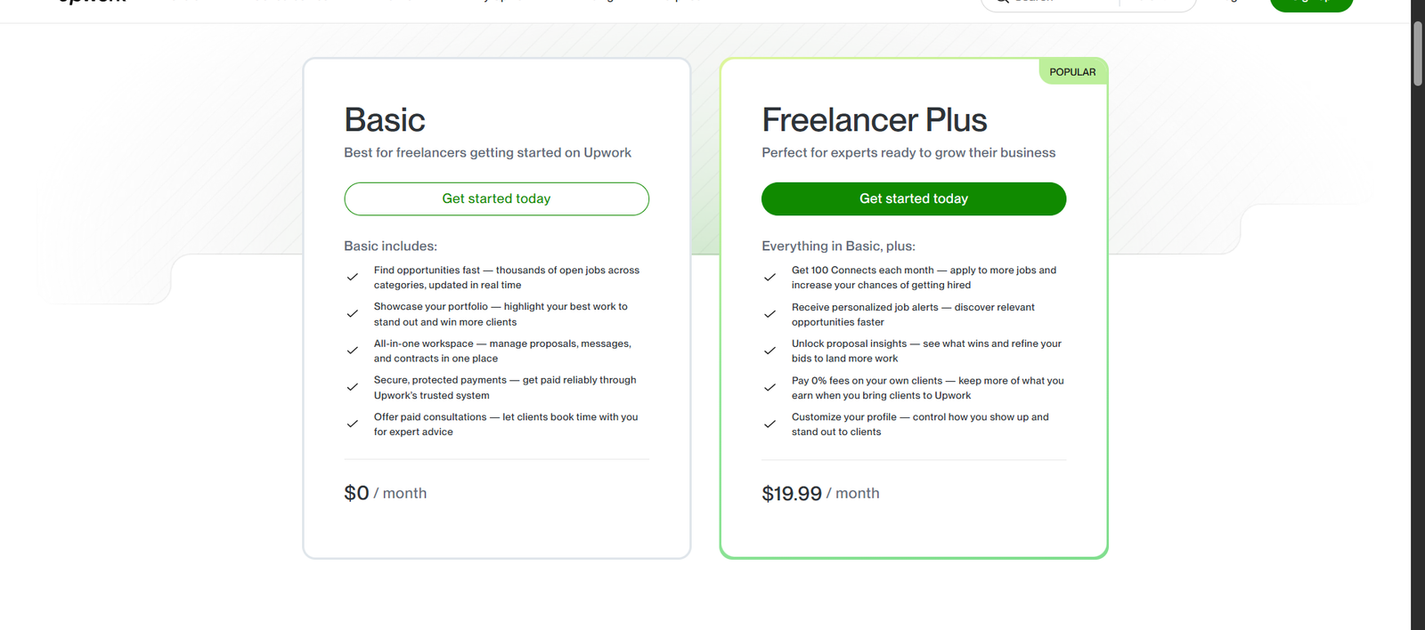 Upwork freelancer pricing page showing Basic plan at $0 per month and Freelancer Plus at $19.99 per month