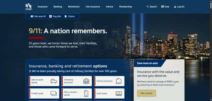 USAA homepage showing insurance, banking and retirement options for military families, our pick for military members