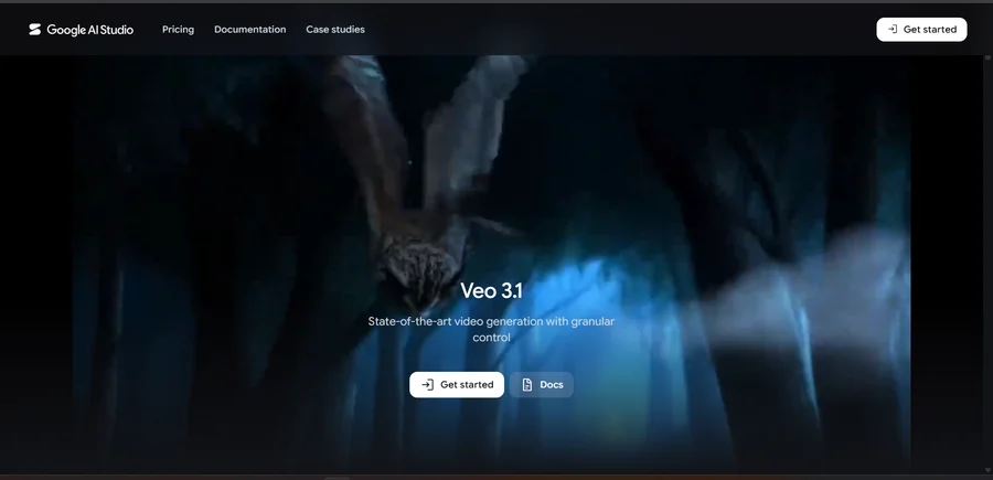 Google Veo 3.1 homepage on Google AI Studio, state-of-the-art video generation with granular control