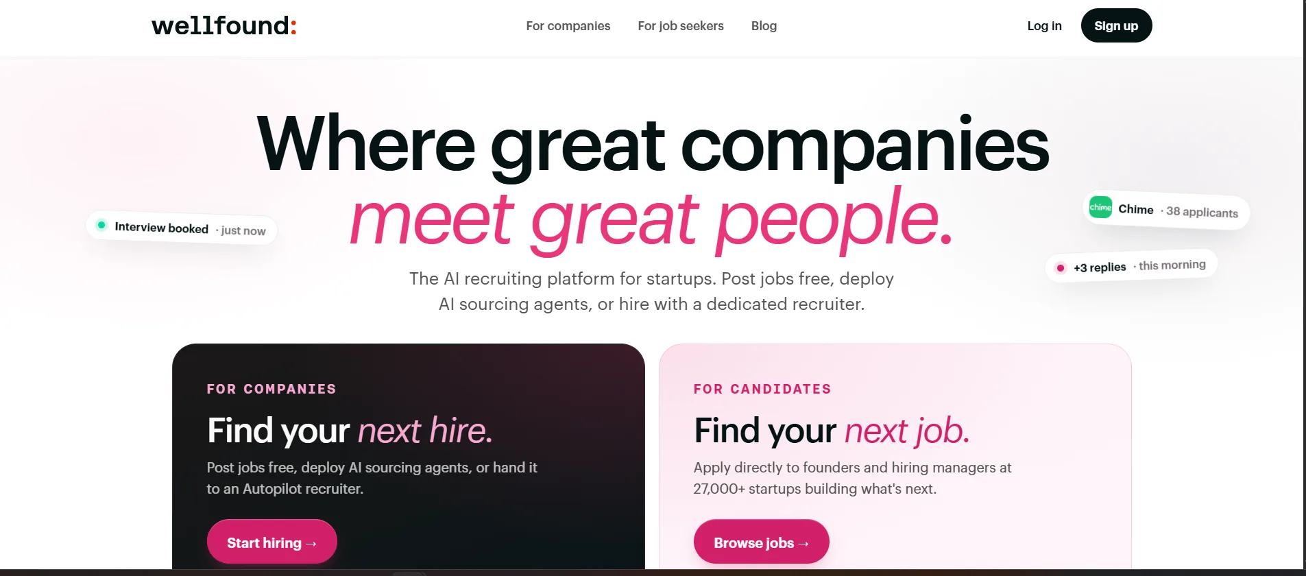 Wellfound homepage for startup hiring and remote candidate job search