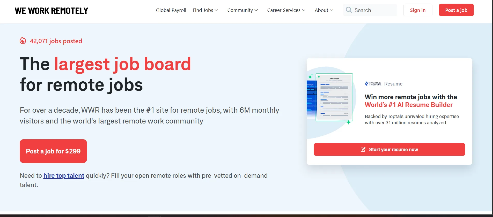 We Work Remotely homepage showing 42,000+ remote jobs posted, our pick for remote-first jobs