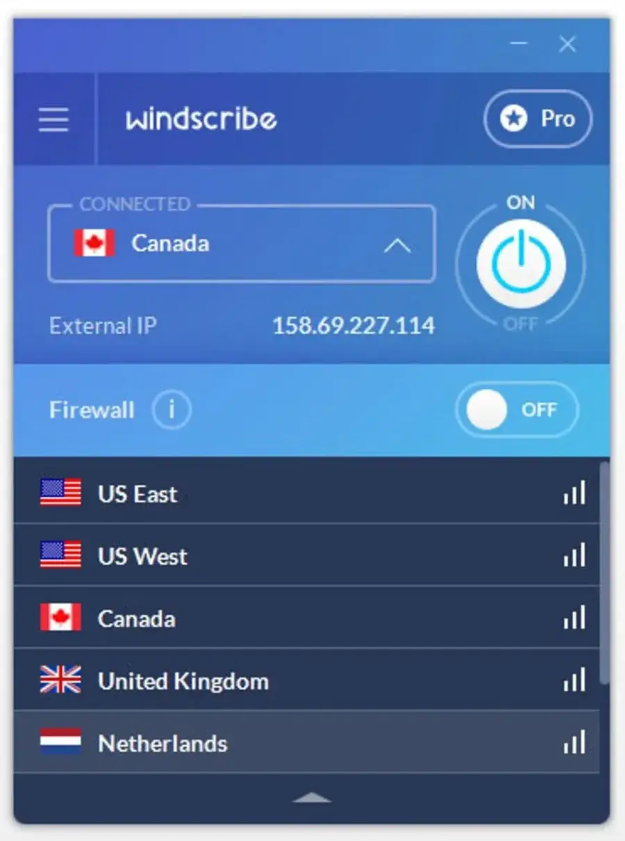 Windscribe VPN app connected to a Canada server with firewall toggle and location list