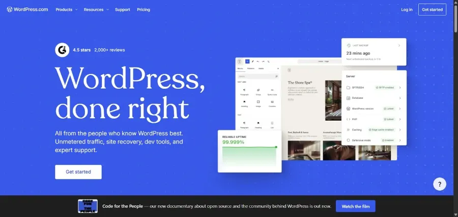 WordPress.com homepage showing hosted WordPress website building
