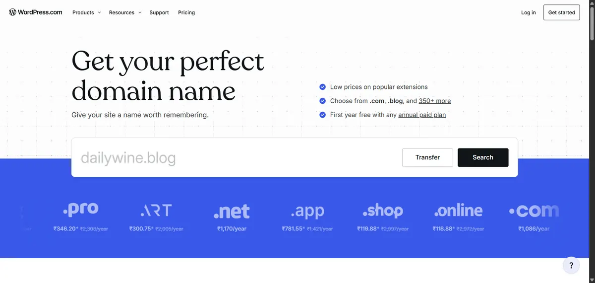 WordPress.com domains page showing domain name pricing