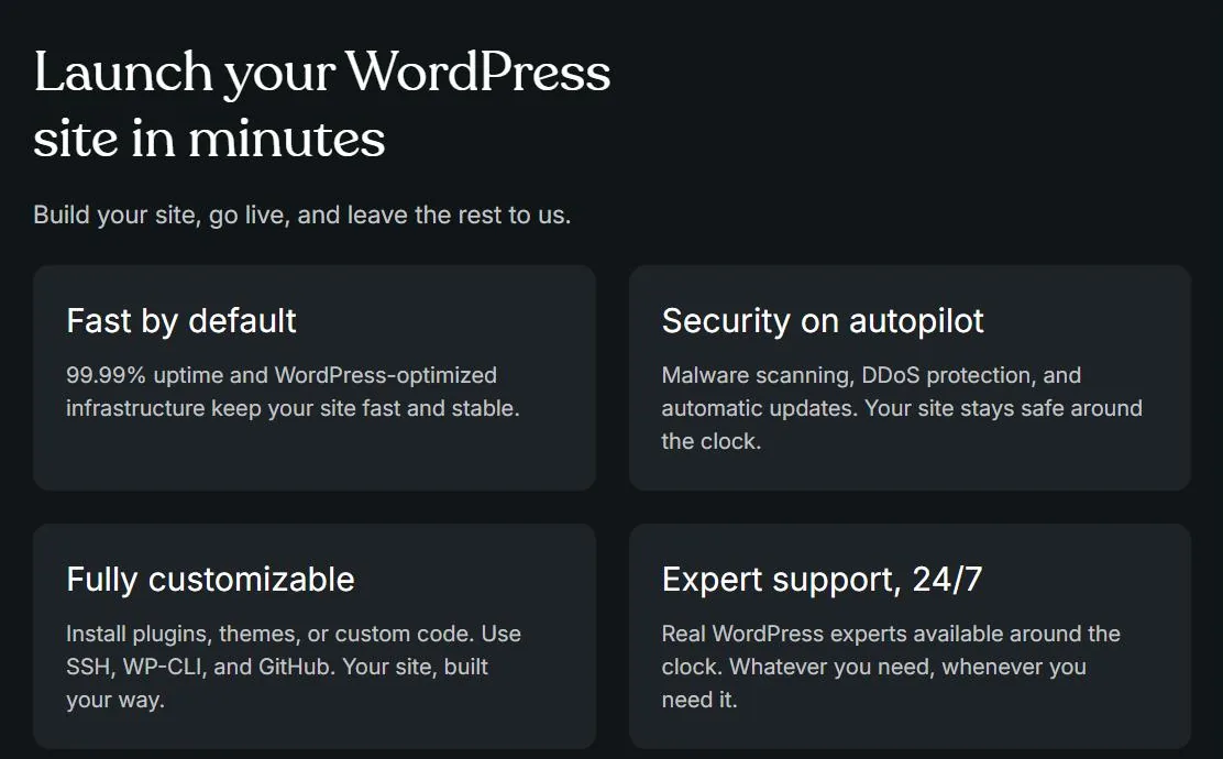 WordPress.com hosting page listing uptime, security on autopilot, customization with SSH and WP-CLI, and 24/7 expert support