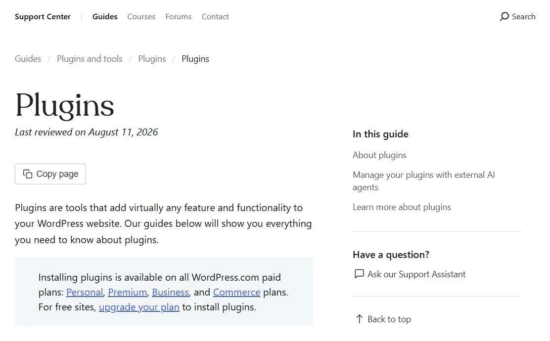 WordPress.com support page stating plugin installation is available on Personal, Premium, Business and Commerce plans