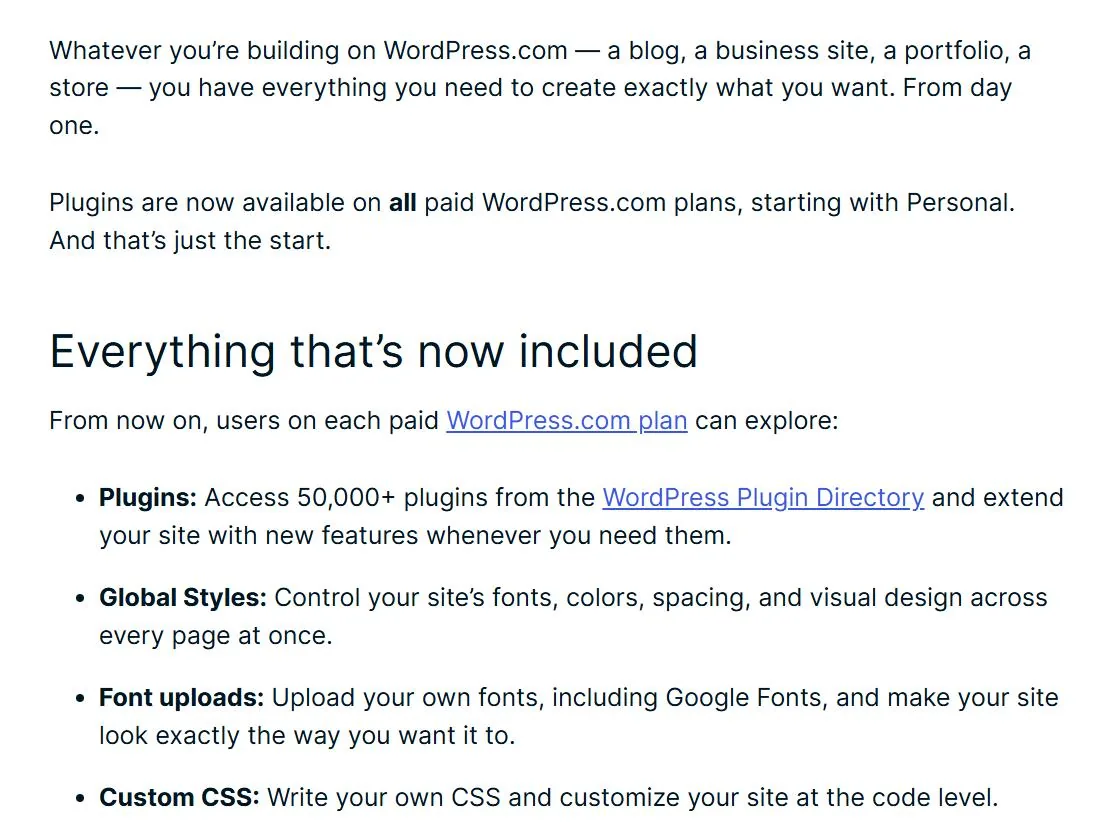 WordPress.com April 2026 announcement: plugins, global styles, font uploads and custom CSS on every paid plan