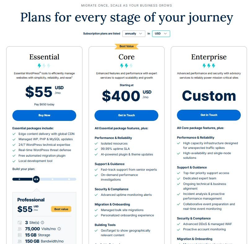WP Engine Essential, Core and Enterprise plan pricing