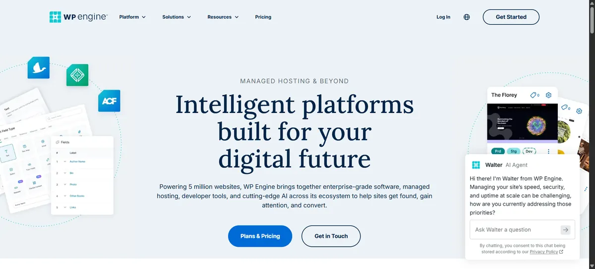 WP Engine homepage showing its managed WordPress hosting platform