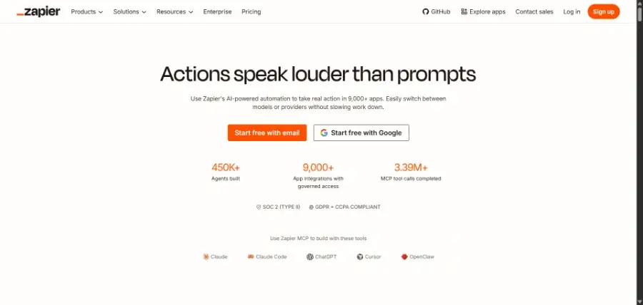 Zapier homepage showing its app automation and integration platform