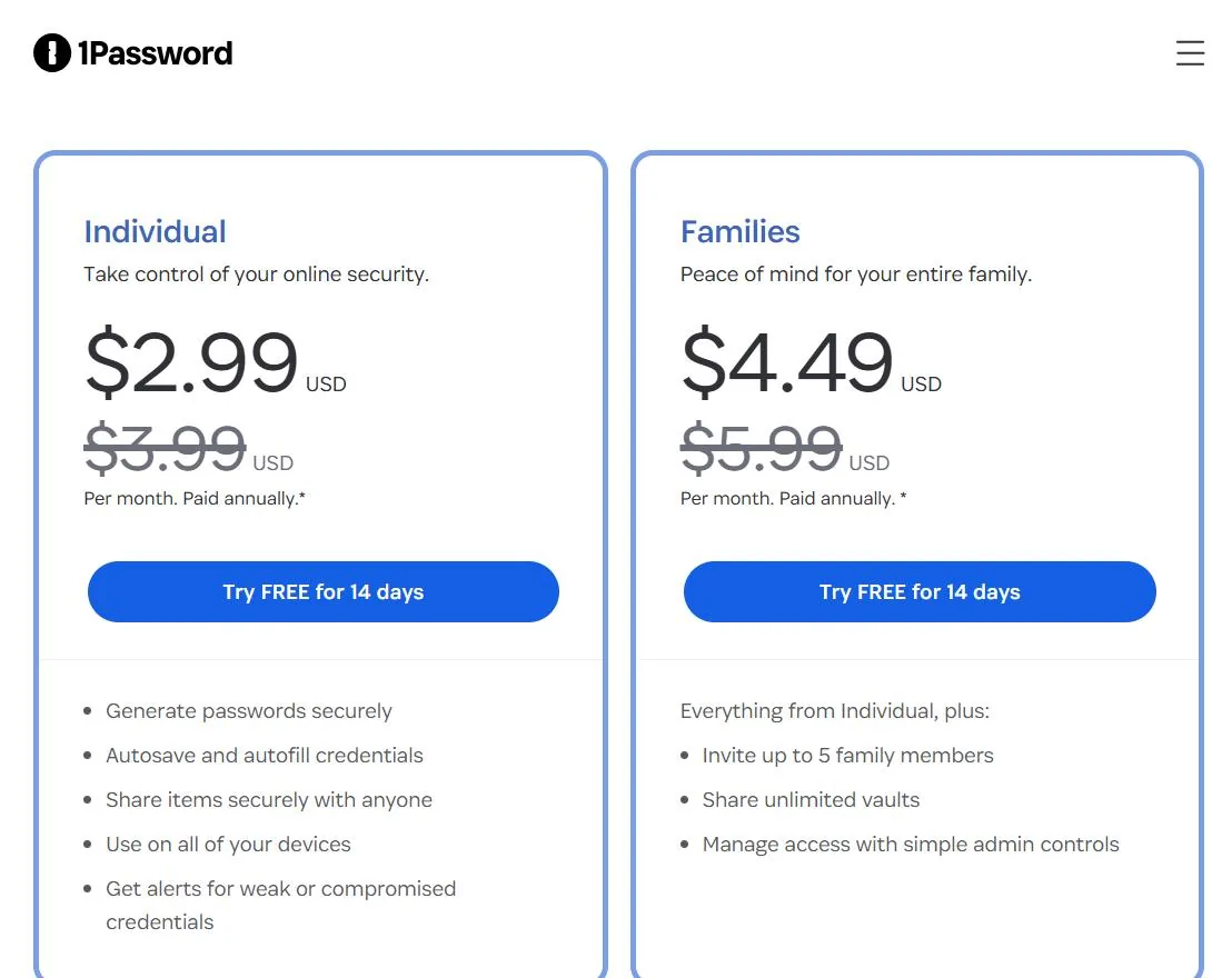 1Password vs Bitwarden pricing: 1Password Individual $2.99 and Families $4.49 per month promotional prices in USD