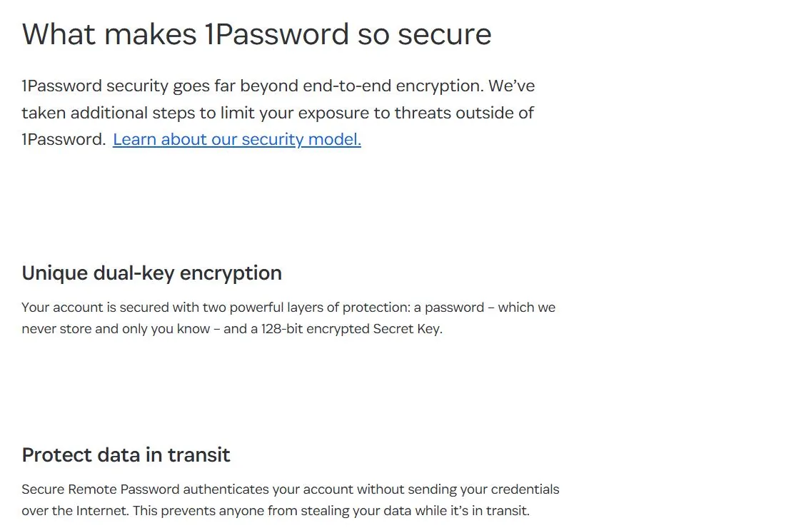1Password security page describing dual-key encryption with a 128-bit Secret Key and Secure Remote Password