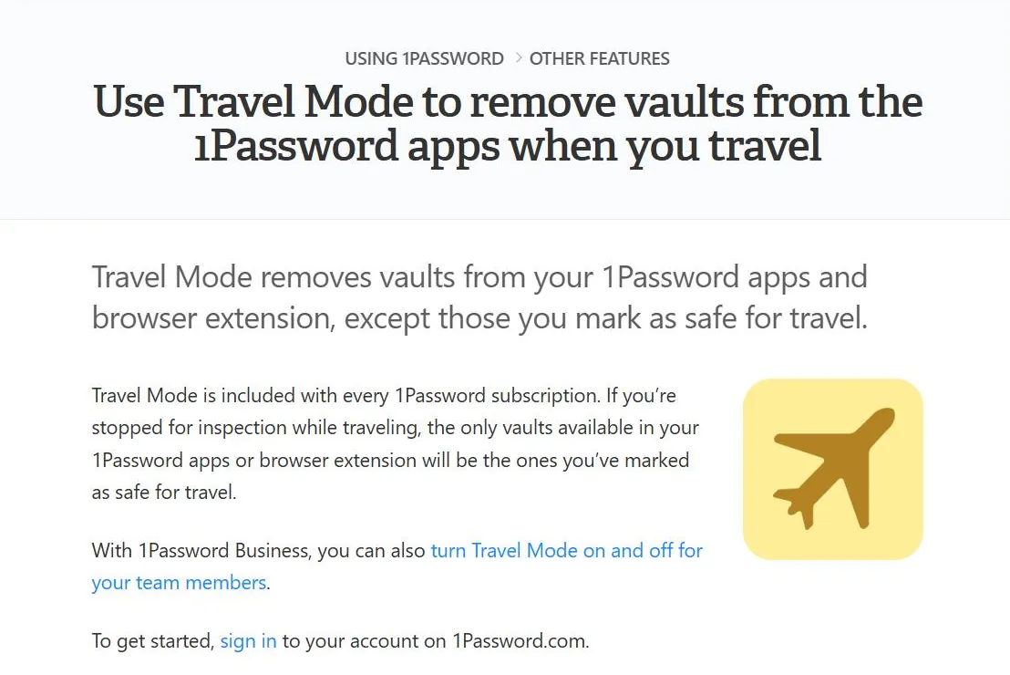 1Password support page explaining Travel Mode, which removes vaults from apps when you travel