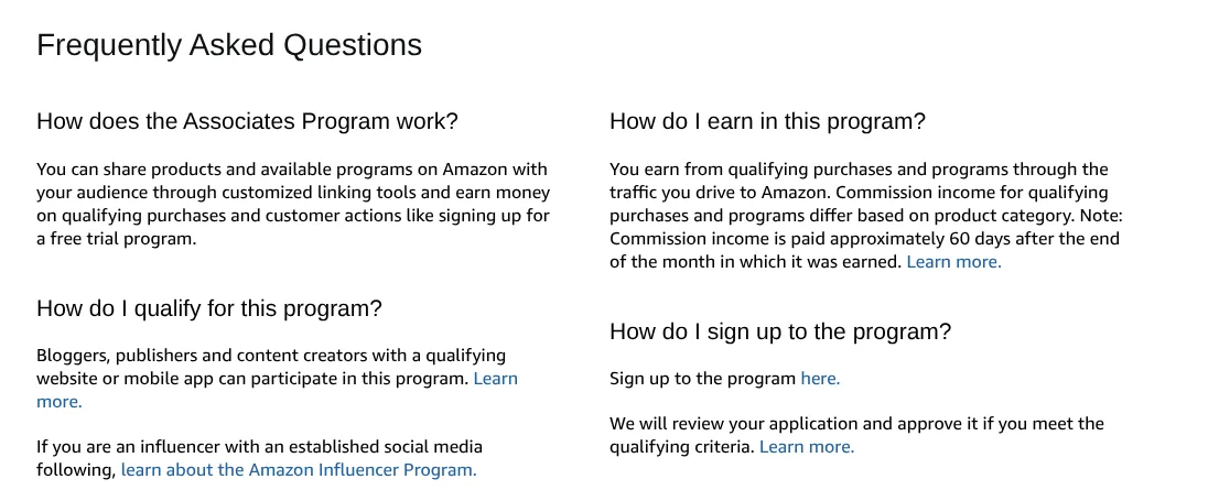 Amazon Associates FAQ explaining qualifying purchases and commission payment timing