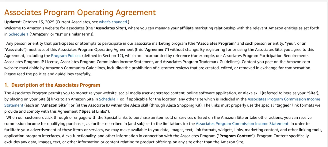 Amazon Associates Program Operating Agreement describing Special Links and qualifying purchases
