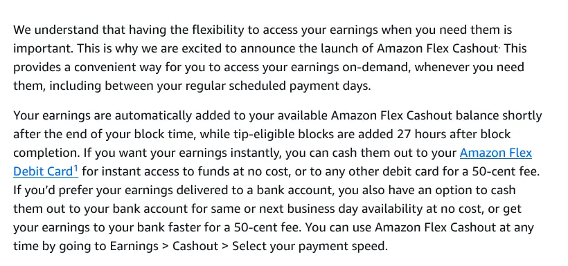 Amazon Flex blog post explaining Flex Cashout, free instant cash-out to the Flex Debit Card and a 50 cent fee for other cards