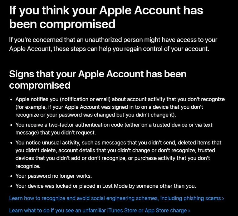 Apple Support page listing signs that your Apple Account has been compromised