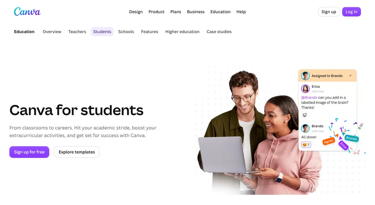 Canva for students page offering free sign-up for presentations and school projects