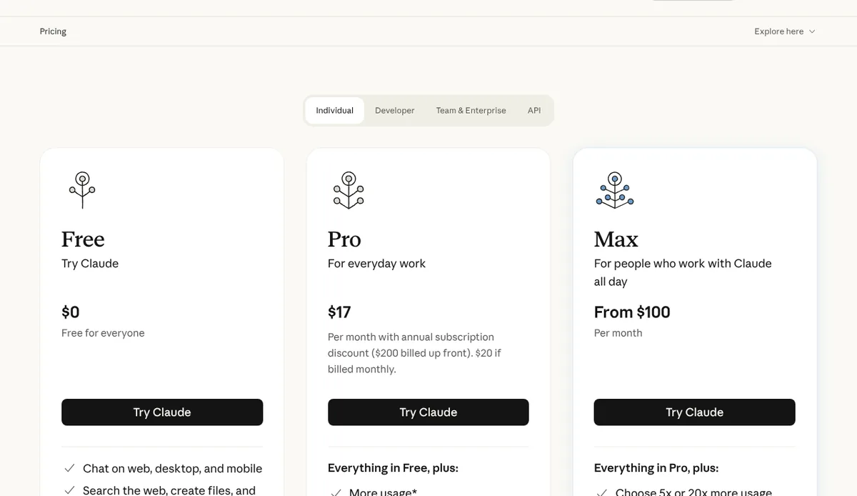 Claude pricing page showing Free at $0, Pro at $17 per month billed yearly and Max from $100
