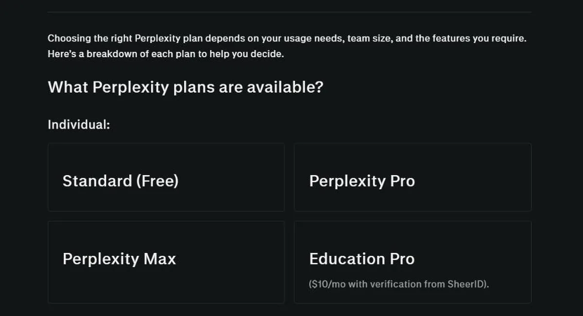 Perplexity Help Center showing Education Pro at $10 per month with SheerID verification