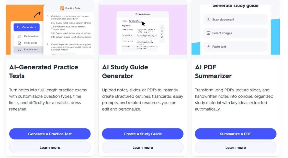 Quizlet AI study tools page with AI-generated practice tests, study guide generator and PDF summarizer