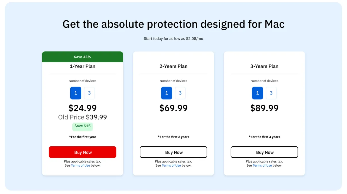 Bitdefender Antivirus for Mac pricing page showing 1-year, 2-year and 3-year plans