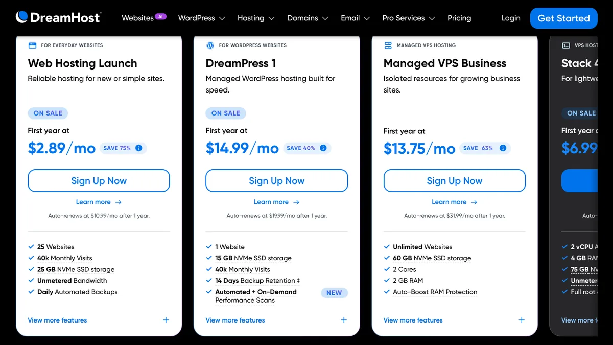 DreamHost Web Hosting Launch plan at $2.89 per month first year, renews at $10.99, with 25 websites and 25 GB NVMe storage