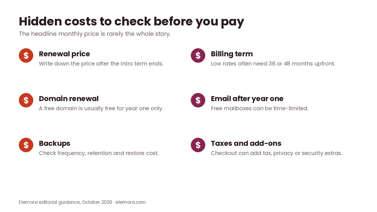 Checklist of hidden costs with cheap web hosting: renewal price, billing term, domain renewal, email, backups, taxes