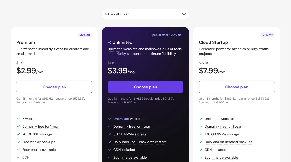 Hostinger Premium web hosting pricing: $2.99 per month for 48 months, $143.52 upfront, renews at $10.99