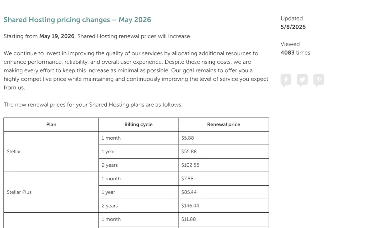 Namecheap knowledge base table of Shared Hosting renewal prices from May 2026: Stellar $55.88 per year