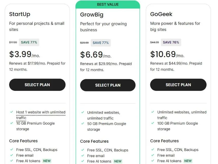 SiteGround StartUp hosting plan at $3.99 per month, renews at $17.99 prepaid for 12 months